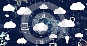 Image of clouds with icons over data processing on black background