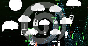 Image of clouds with icons over data processing on black background