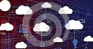 Image of clouds with icons over data processing and world map on black background