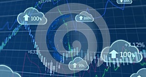 Image of clouds with percent and data processing over globe