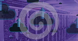 Image of clouds with uploading over violet server room photo