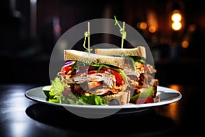 image of a clubhouse sandwich shot under dramatic lighting