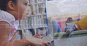 Image of codes and infographics over african american girl and boy using technology in library