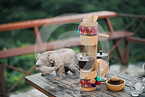 Image of a coffee machine with fresh coffee beans background