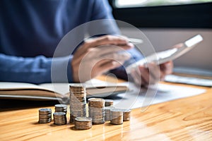 Image of coin pile focus, Young man and pile coins to planning growing saving strategy with pile coins for future plan fund of