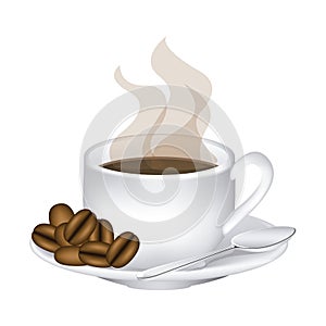 image color with hot cup of coffee serving on dish and coffee beans