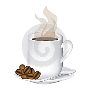 image color with hot mug of coffee serving on dish and coffee beans