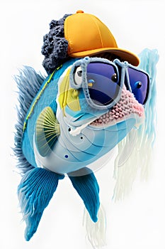 image of a colorful cartoon bass fish wearing sunglass, wearing oversize tucker cap.