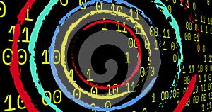 Image of colorful circles over data processing on black background