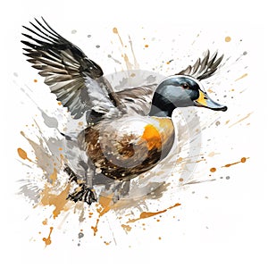 Image of colorful flying duck painting on white background. Bird. Wildlife Animals. Illustration, Generative AI