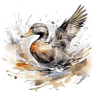 Image of colorful flying duck painting on white background. Bird. Wildlife Animals. Illustration, Generative AI