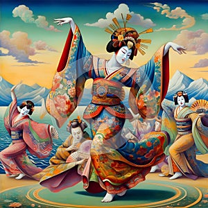 image of colorful painting of a woman performing the Japanese Kabuki dance.