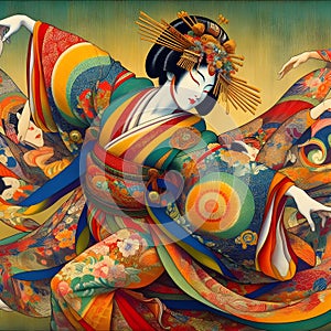 image of colorful painting of a woman performing the Japanese Kabuki dance.