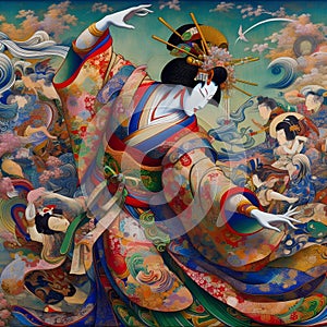 image of colorful painting of a woman performing the Japanese Kabuki dance.