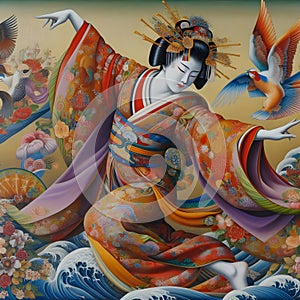 image of colorful painting of a woman performing the Japanese Kabuki dance.