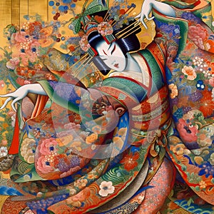 image of colorful painting of a woman performing the Japanese Kabuki dance.