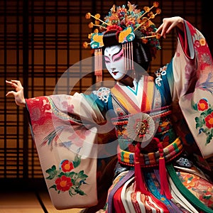 image of colorful painting of a woman performing the Japanese Kabuki dance.