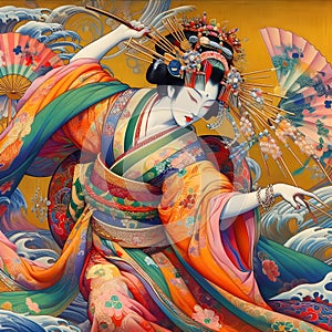 image of colorful painting of a woman performing the Japanese Kabuki dance.