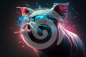 Image of a colorful pig wearing glasses. Farm animals. Illustration, Generative AI