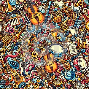 image of colorful seamless pattern with doodled musical instruments and notes.