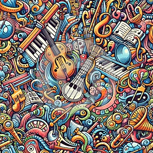 image of colorful seamless pattern with doodled musical instruments and notes.