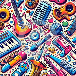 image of colorful seamless pattern with doodled musical instruments and notes.