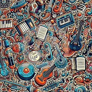 image of colorful seamless pattern with doodled musical instruments and notes.