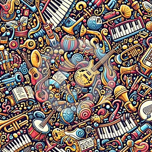 image of colorful seamless pattern with doodled musical instruments and notes.