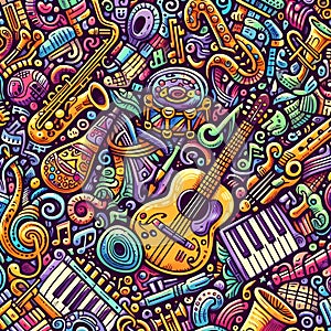 image of colorful seamless pattern with doodled musical instruments and notes.