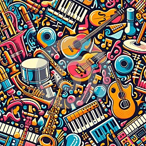 image of colorful seamless pattern with doodled musical instruments and notes.