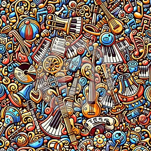 image of colorful seamless pattern with doodled musical instruments and notes.