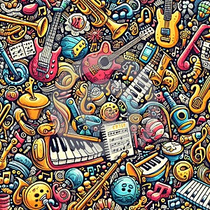 image of colorful seamless pattern with doodled musical instruments and notes.