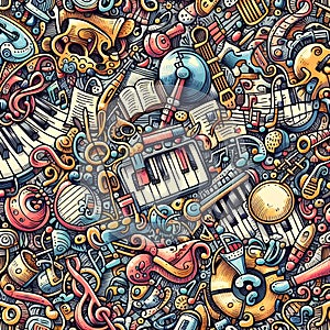 image of colorful seamless pattern with doodled musical instruments and notes.