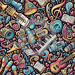 image of colorful seamless pattern with doodled musical instruments and notes.