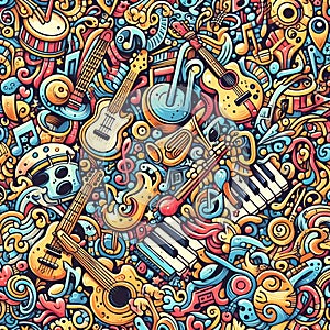 image of colorful seamless pattern with doodled musical instruments and notes.