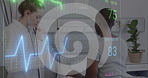 Image of colourful cardiographs over diverse female nurse and patient in hospital photo