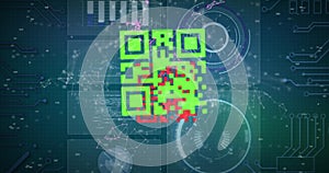 Image of colourful qr codes over communication network and data processing charts on interface