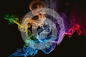 Image of colourful smoke trails floating on black background, created using generative ai technology