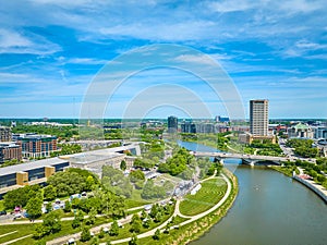 Columbus Ohio Scioto River aerial with bridge and National Veterans Memorial