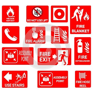 Common fire safety icons with fire extinguisher, Fire Blanket, Fire Hose, Fire Asembly point, Fire Exit sign and Fire Safety signs