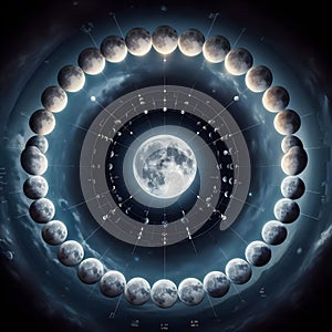image of a composite photo of the position and phases of the moon over 28 days.