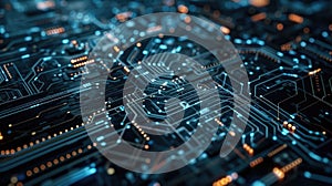 The image is of a computer chip with blue and orange lights