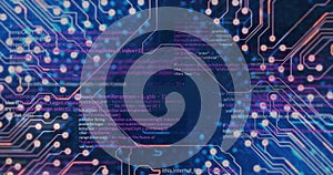 Image of computer circuit board and data processing over server room