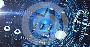 Image of computer circuit board elements and binary coding over blue background