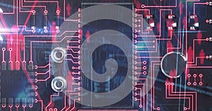 Image of computer circuit board, human icons and binary coding over blue background