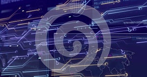 Image of computer circuit board over data processing on black background