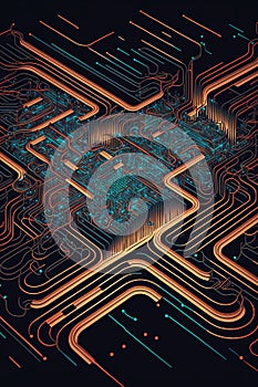 Image of computer circuit board and red light trails on dark background