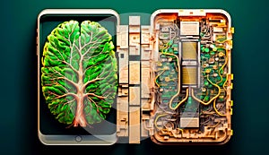 Image of computer circuit board with tree on top of it. Generative AI