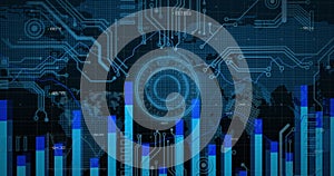 Image of computer circuit board, world map and data processing