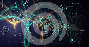 Image of computer icons with colorful spiral patterns and programming data